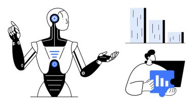 Robot gestures toward business chart while professional examines data on laptop. Ideal for AI, technology, innovation, data analysis, automation, growth insights, teamwork themes. Simple flat