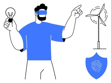 Man wearing a VR headset holds a light bulb while pointing at a wind turbine. Features a fingerprint shield. Ideal for innovation, sustainability, renewable energy, technology, virtual reality
