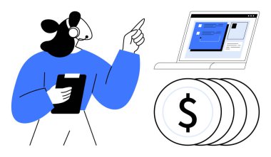 Customer service representative with headset holding clipboard, gesturing at online platform on laptop and dollar coins. Ideal for customer support, finance, online services, technology, e-commerce