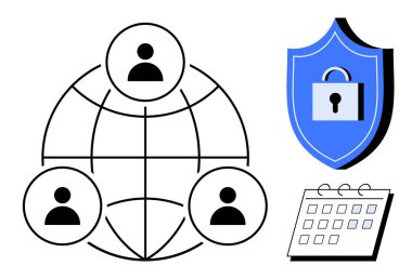 Human icons connected on a global network, a secured shield with a lock, and a calendar. Ideal for teamwork, cybersecurity, global communication, scheduling, technology, data management simple flat
