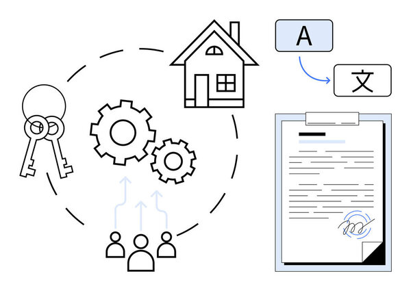 Keys, house, gears, document, and translation elements emphasize property management, agreements, teamwork, real estate workflows localization planning and cross-cultural collaboration. Ideal