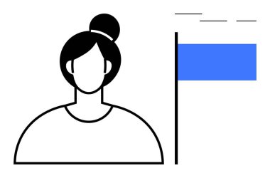 Simplified female outline with hair bun next to a vertical bar featuring a blue block. Ideal for identity, profile, branding, communication, personalization, digital interface, simple flat metaphor