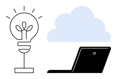 Lightbulb emitting rays, laptop, and cloud imagery symbolizing creativity, technology, and online functionality. Ideal for innovation, brainstorming, cloud storage, remote work digital solutions