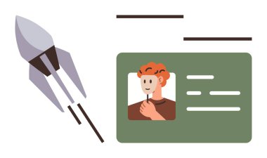 Rocket launching beside an ID card with a person s profile picture, suggesting themes of progress, identity, technology, exploration. Ideal for growth, innovation, startup, career digital