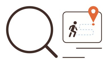 Magnifying glass focusing on a walking figure with a dashed path to a destination marker. Ideal for navigation, location, search, discovery, journey, direction, exploration themes. Simple flat