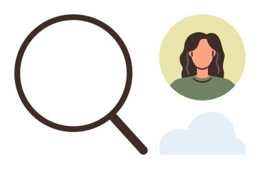 Magnifying glass focuses on a woman s profile with cloud element below. Ideal for search, analysis, recruitment, identification, observation, investigation, online presence. Simple flat metaphor