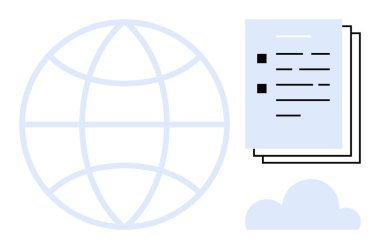 Globe next to documents and cloud icon, representing worldwide data exchange, cloud storage, online collaboration, global communication, file sharing, digital connectivity, simple flat metaphor