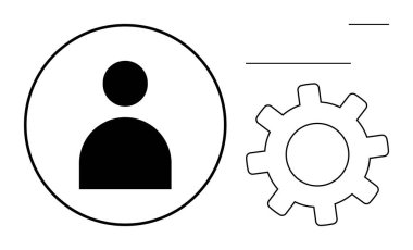 Simplified user icon in a circle next to a gear symbol. Represents user profiles, account settings, preferences, customization, system configuration, user interface design, digital tools. Flat simple