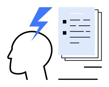 Human head with lightning bolt and documents signifying creativity, inspiration, problem-solving, and organization. Ideal for innovation, brainstorming, productivity, strategy, education planning