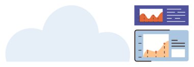 Cloud with screens showcasing data analysis, graphs, and reports. Ideal for data visualization, analytics, cloud technology, business growth, process tracking big data digital reports. Simple flat