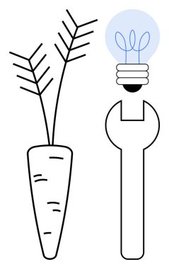 Carrot, wrench, and light bulb evoke themes of innovation, sustainability, repair, agriculture, problem-solving, creativity, and eco-design forming a simple flat metaphor
