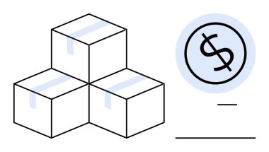 Three stacked cardboard boxes next to a dollar sign inside a circle. Ideal for e-commerce, logistics, delivery, shipping, inventory, budget planning, financial management, simple flat metaphor