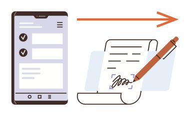 Smartphone with online form moving towards paper document signed with pen. Ideal for workflow, e-signature, digital contracts, data entry, technology, remote work, simple flat metaphor