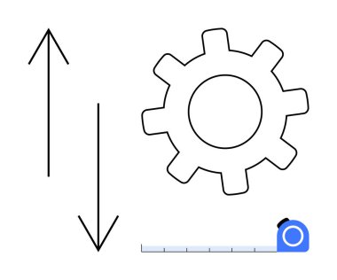 Gear symbolizing mechanics, measurement tape for precision, arrows for direction and flow. Ideal for industry, engineering, measurement, planning, process design productivity workflow. A minimal