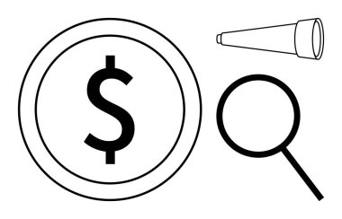 Dollar coin, magnifier, and telescope highlight finance, research, and future planning. Ideal for investment, savings, analysis strategy vision wealth discovery themes. Minimalistic flat metaphor