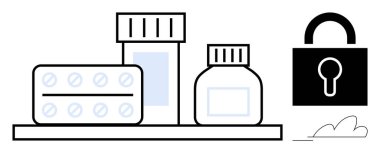 Medication bottles, tablet pack, and lock emphasizing pharmaceutical integrity, access control, healthcare safety. Ideal for medical security, storage safety, restricted access, compliance drug