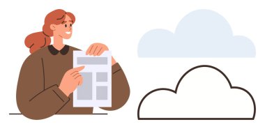 Smiling woman holding document near cloud icon, illustrating digital storage. Ideal for technology, innovation, cloud computing, organization, data storage, virtual planning connectivity. Simple