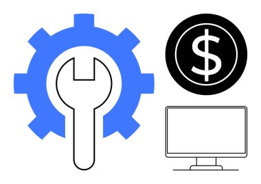 Gear with wrench symbolizes maintenance dollar sign shows costs and financial aspects computer depicts technology. Ideal for business, IT, repair, finance, digital tools, operations, simple flat
