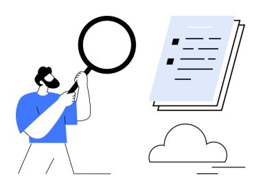 Bearded man analyzing documents with a magnifying glass beside cloud illustration. Ideal for data analysis, research, cloud computing, document review, productivity, technology, simple flat metaphor