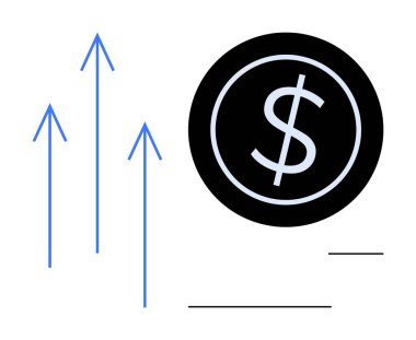 Black dollar coin paired with three blue upward arrows suggesting growth, profit, and upward trends. Ideal for finance, economy, business, investment, growth, success simple flat metaphor
