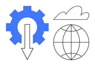 Gear with downward arrow, cloud, and globe outline symbolizing innovation, global integration, cloud computing, data transfer, process automation, digital transformation and technology. Clean flat