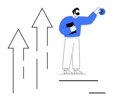 Man in blue sweater holding dollar coin, standing near three upward arrows. Ideal for finance, investment, growth, business strategy, success, motivation, entrepreneurship simple flat metaphor