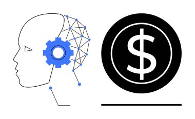 Profile view of human head with network and cogwheel representing AI next to dollar sign. Ideal for technology, innovation, finance, AI, automation, investment, and success. Minimal flat metaphor