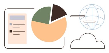 Pie chart next to a document, globe, and cloud illustrating data analysis, global sharing, teamwork, connectivity, cloud technology, communication decision-making. Ideal for a simple flat metaphor