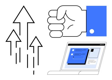 Raised fist symbolizing success, arrows for progress, and a laptop screen for digital work. Ideal for motivation, teamwork, productivity, growth, digital innovation strategy leadership. Simple flat
