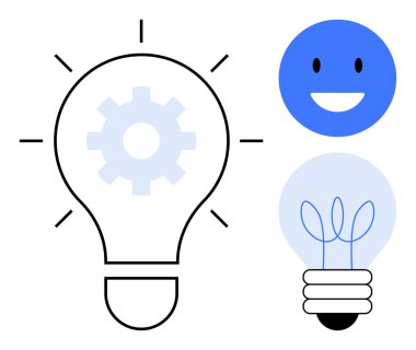 Light bulb with gear, traditional light bulb, and smiling blue face evoke creativity and optimism. Ideal for innovation, idea generation, teamwork, design, technology, energy motivation simple flat