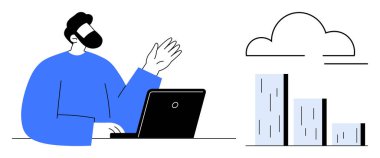 Person gesturing beside laptop with bar graphs and cloud icon. Ideal for business, analytics, technology, communication, data storage, cloud computing, growth representation. Simple flat metaphor