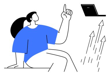 Person with raised hand gesturing thought, laptop above, upward arrows symbolizing growth. Ideal for innovation, progress, entrepreneurship, technology, education career creativity. Simple flat