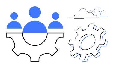 Three team members over a cogwheel, with clouds and sunlight. Ideal for collaboration, problem-solving, innovation, leadership, teamwork, productivity and growth. Simple flat metaphor
