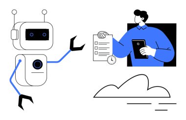 Robot and human sharing information through checklist and tablet. Ideal for technology, AI, automation, teamwork, innovation, productivity, modern communication. Simple flat metaphor
