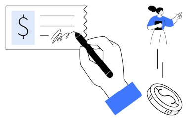 Hand signing check with pen, coin, and professional woman holding tablet in discussion. Ideal for finance, banking, payments, business management, professionalism transactions contracts. Simple