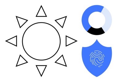 Black and blue sun-thumbs up circle, pie chart, shield with a fingerprint suggest innovation, data, and protection. Ideal for energy, analysis, security, technology privacy identity clean tech