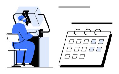 Person using computer terminal beside a large calendar, emphasizing scheduling, organization, productivity. Ideal for time management, planning, work-life balance, deadlines, efficiency professional