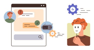 Person holding a mask, AI chatbot in a conversation window with messages. Ideal for technology, AI, cybersecurity, identity, digital ethics, online communication, simple flat metaphor