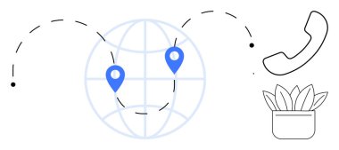 Globe with location pins, dotted lines, phone receiver, and potted plant symbolizing global connection, communication, and collaboration. Ideal for networking, customer service, teamwork remote