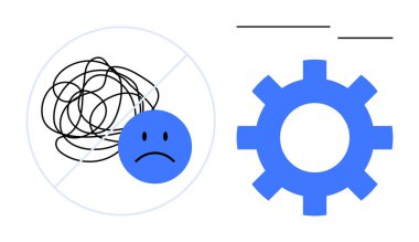Sad face with tangled lines next to a gear symbol representing organization and solutions. Ideal for mental health, problem solving, self-help, productivity, innovation, focus, simple flat metaphor