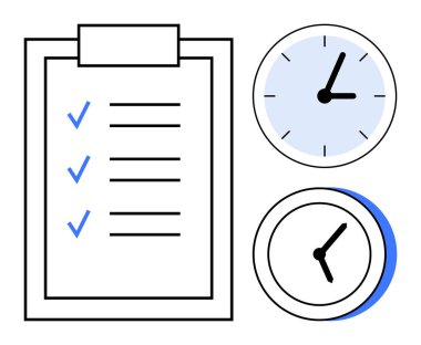 Clipboard with checklist of tasks, two clocks showing different times. Ideal for productivity, planning, time tracking, management, project deadlines, organization, simple flat metaphor