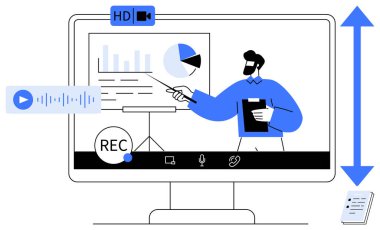 Businessman presenting data on a virtual platform with charts, recording options, and audio features. Ideal for education, remote work, webinars, analytics, communication, technology simple flat