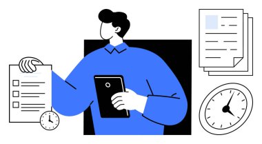 Man holds checklist and tablet while overseeing time and documents. Ideal for task planning, productivity, project management, deadlines, scheduling, organization, workflow. Simple flat metaphor