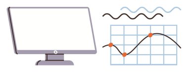 Computer monitor alongside a grid-based line graph with data points and trend waves. Ideal for tech, analytics, business, education, statistics, progress tracking, and innovation. Simple flat