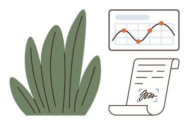 Green plant, analytical graph with trend line and plotted points, signed document. Ideal for sustainability, data analysis, legal agreement, growth strategy, eco-business, documentation modern flat