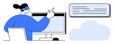 Person wearing smart glasses interacting with computer display, accessing data and cloud storage. Ideal for technology, innovation, augmented reality, communication, and data sharing concepts. A