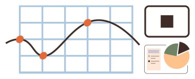 Line graph with data points on grid, pie chart with statistics, and information dashboard elements. Ideal for data analysis, business strategy, research, presentations, reporting, forecasting