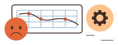 Trending data line in downward slope on graph, sad face emotion, and gear icon for operation issues. Ideal for business, strategy, performance, analytics, crisis progress optimization. A simple