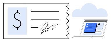 Paper check with dollar sign and signature next to laptop screen displaying online banking dashboard. Ideal for finance, banking, digital payment, financial management, e-commerce, business
