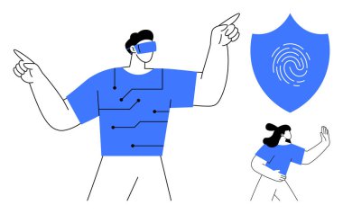 Man wearing VR headset extends arms with circuit pattern on shirt, shield with fingerprint symbol nearby, and small female figure interacting. Ideal for VR, tech innovation, cybersecurity, digital